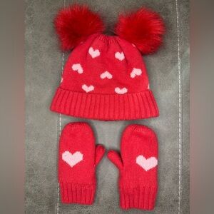 Baby GAP Set 3 PC Girls Hat Mittens Red And Pink Hearts Knit M/L